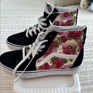 Vans Black and Pink Floral High-Top Sneakers